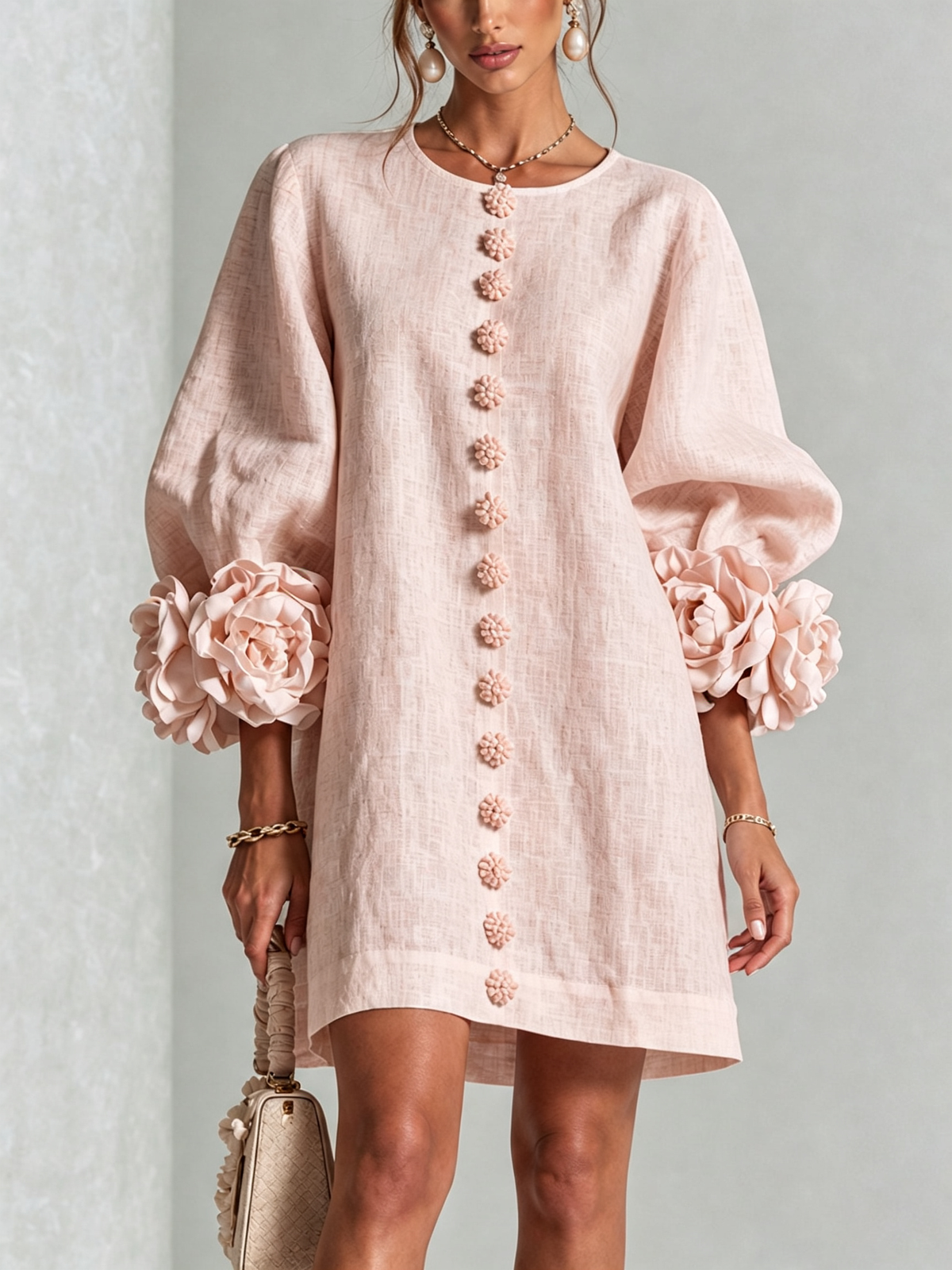 Nursel  | A-Line Mini Dress With Floral Cuffs