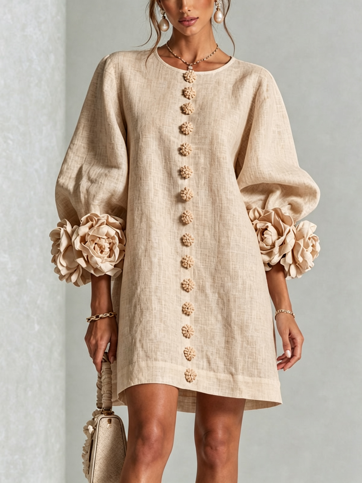 Nursel  | A-Line Mini Dress With Floral Cuffs