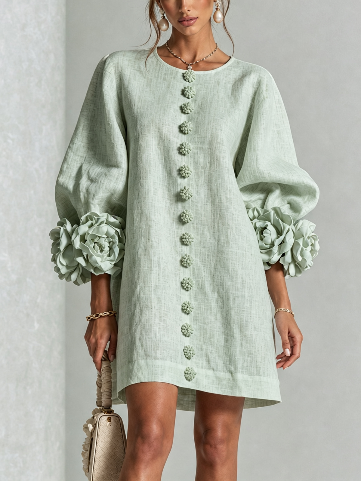 Nursel  | A-Line Mini Dress With Floral Cuffs