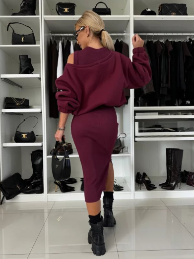 Martha | Two-Piece Cold-Shoulder Sweater Midi Skirt Set