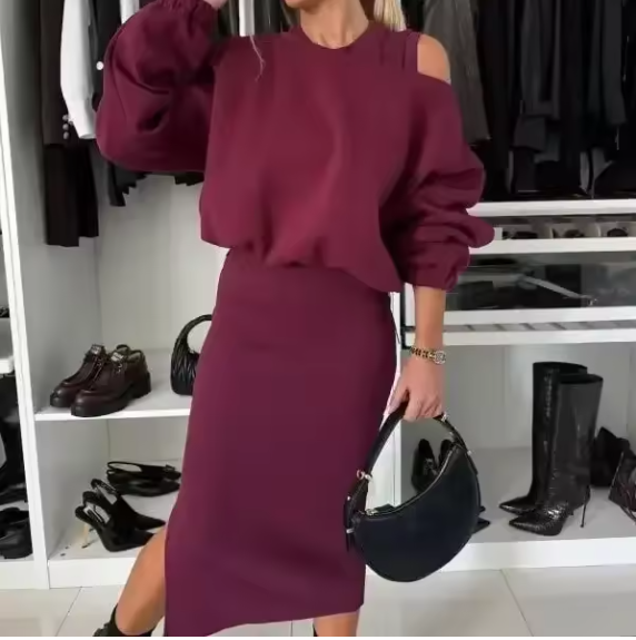 Martha | Two-Piece Cold-Shoulder Sweater Midi Skirt Set