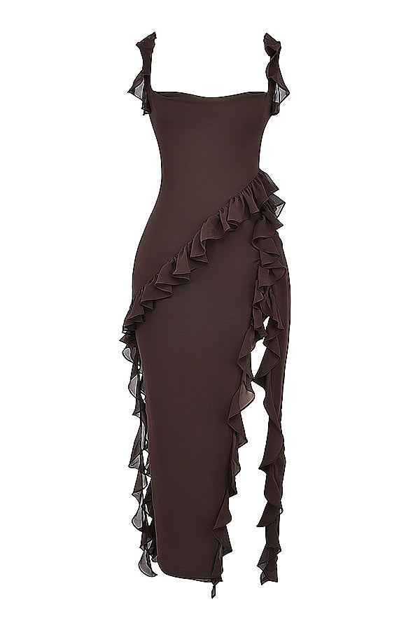Dalia | Ruffle Trim Sleeveless High Slit Maxi Dress