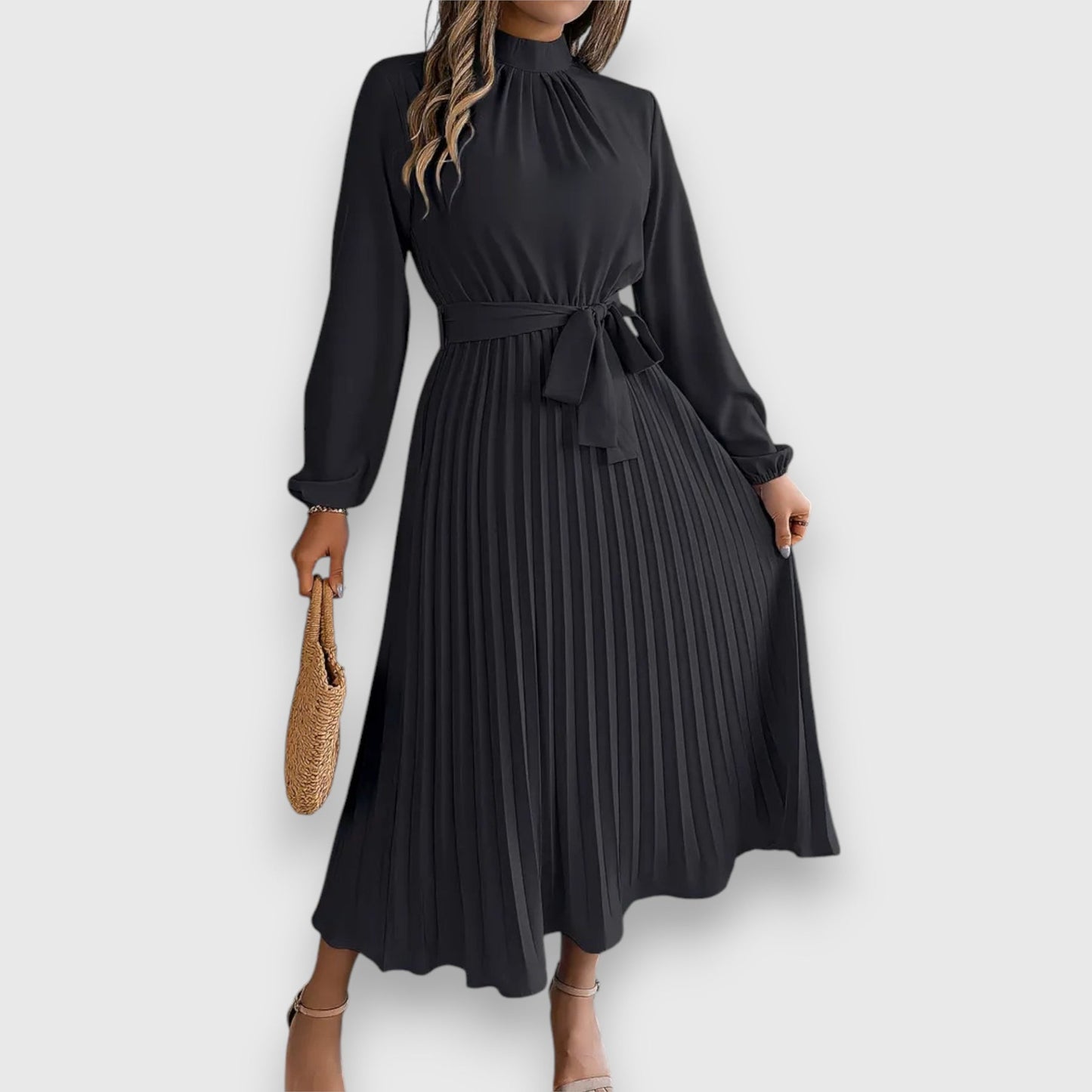 Lisa | Pleated Long Sleeve Belted Midi Dress