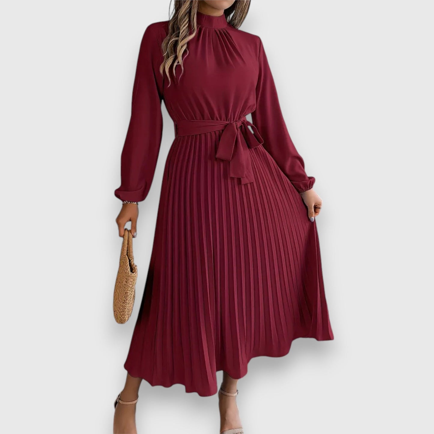 Lisa | Pleated Long Sleeve Belted Midi Dress