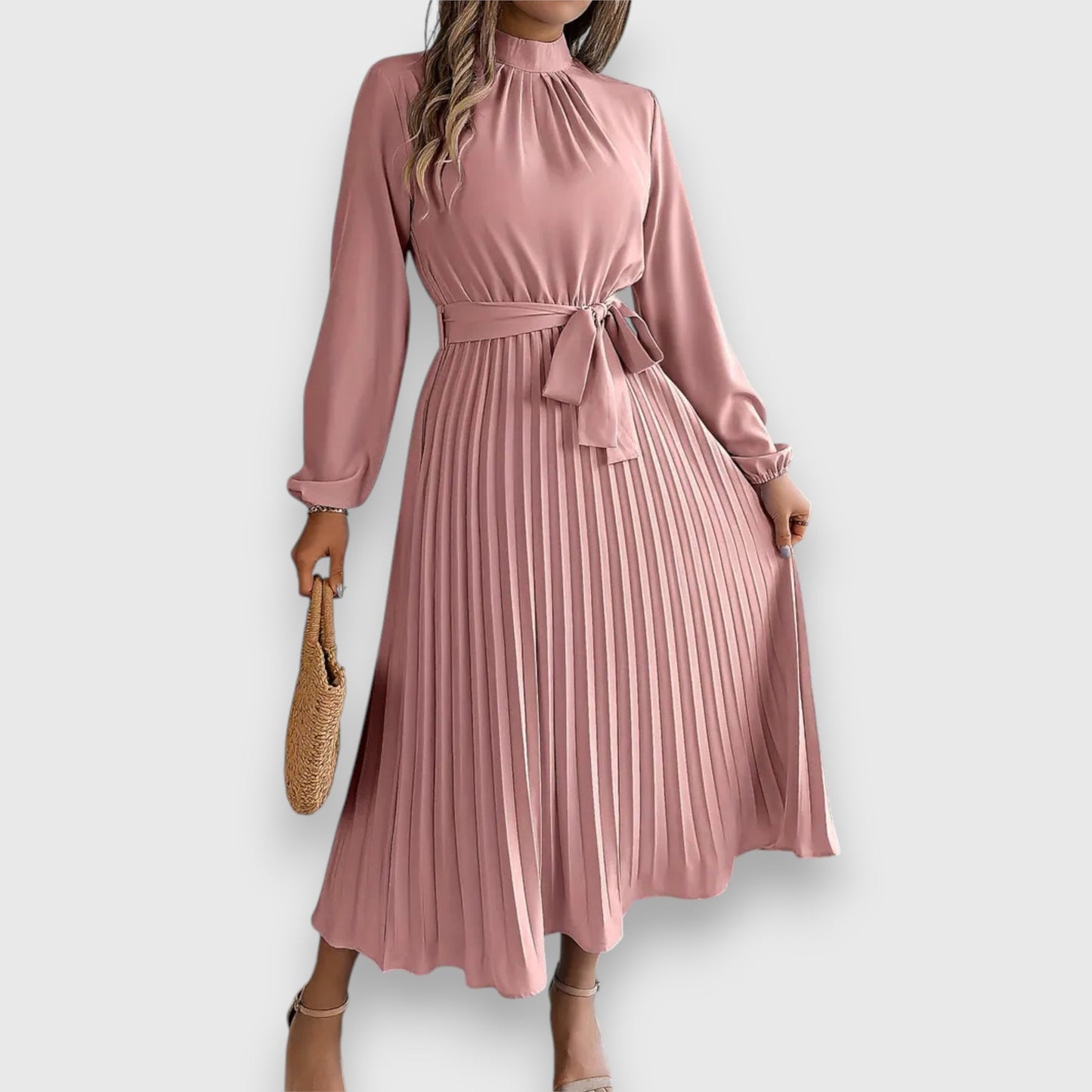 Lisa | Pleated Long Sleeve Belted Midi Dress