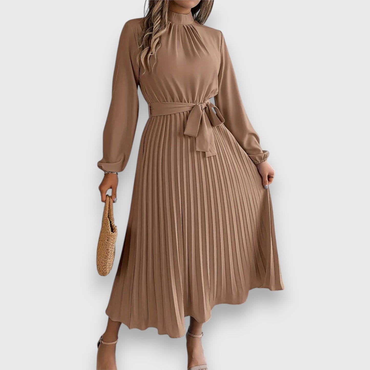 Lisa | Pleated Long Sleeve Belted Midi Dress