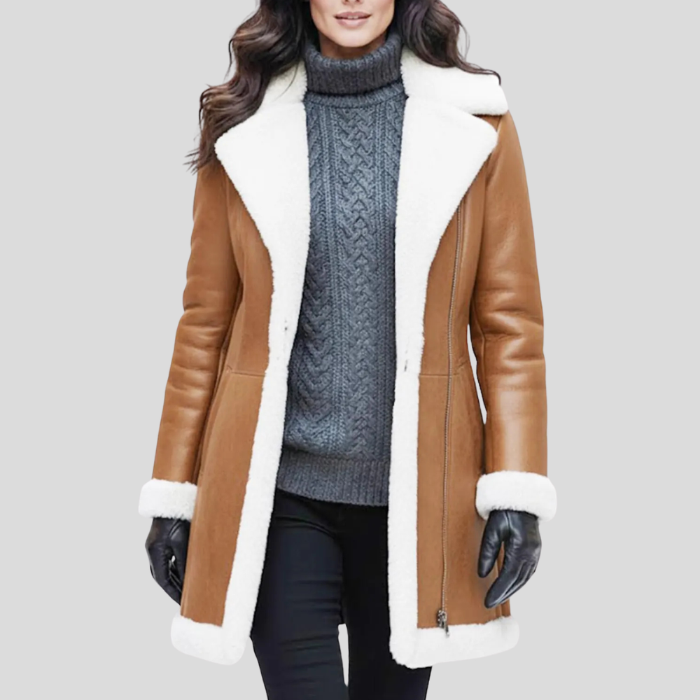 Annemie | Coat With Tan Leather-Look Finish and Trim