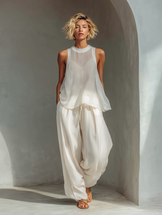 Olivian | Sleeveless Sheer Wide Leg Two piece Set