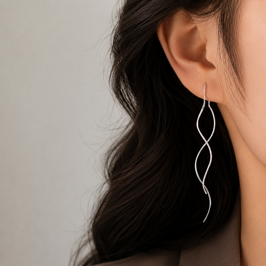 Idalina | Earrings Silver Wave Threader Drop Design