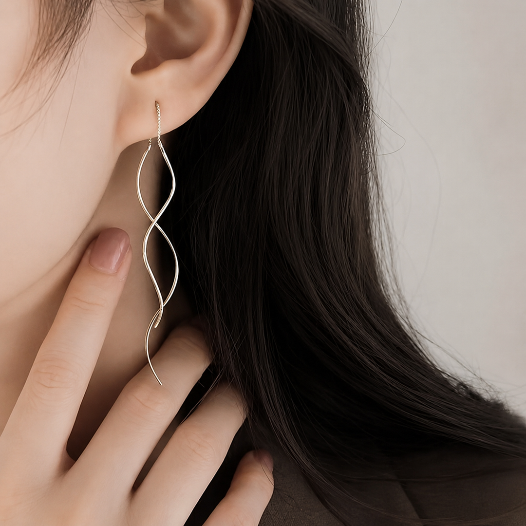 Idalina | Earrings Silver Wave Threader Drop Design