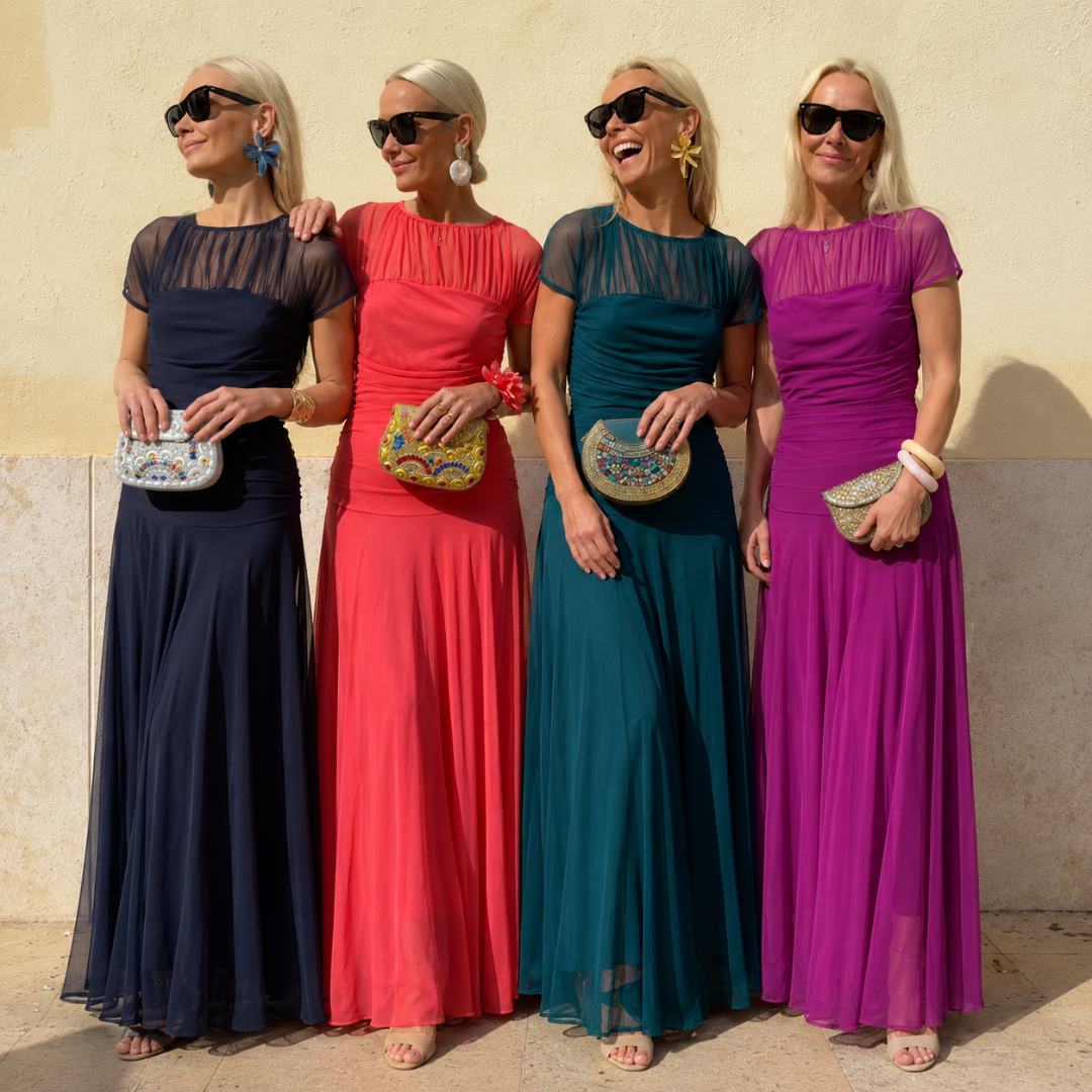 Lesliy | Short Sleeve Mesh Yoke Maxi Dress