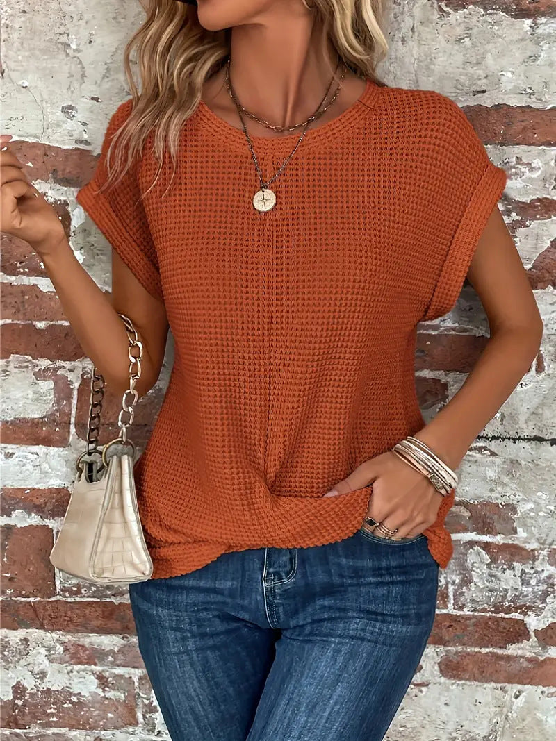 Mila | Textured Short Sleeve Round Neck Blouse