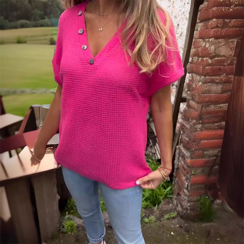 Lindse | Short Sleeve V Neck Button Top