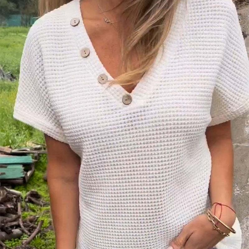 Lindse | Short Sleeve V Neck Button Top
