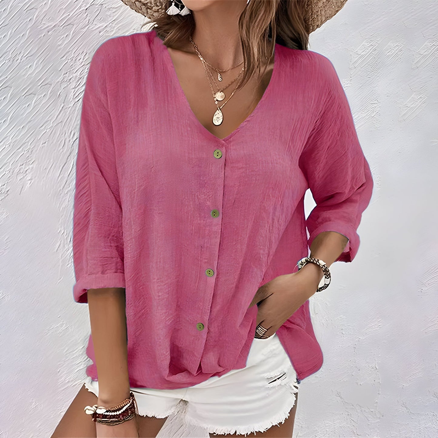 Asimoula - V Neck Button Front Loose Blouse