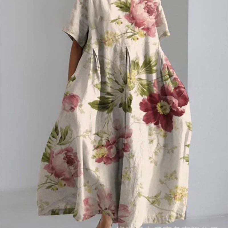 Jitske | Floral Print Short Sleeve Button Midi Dress