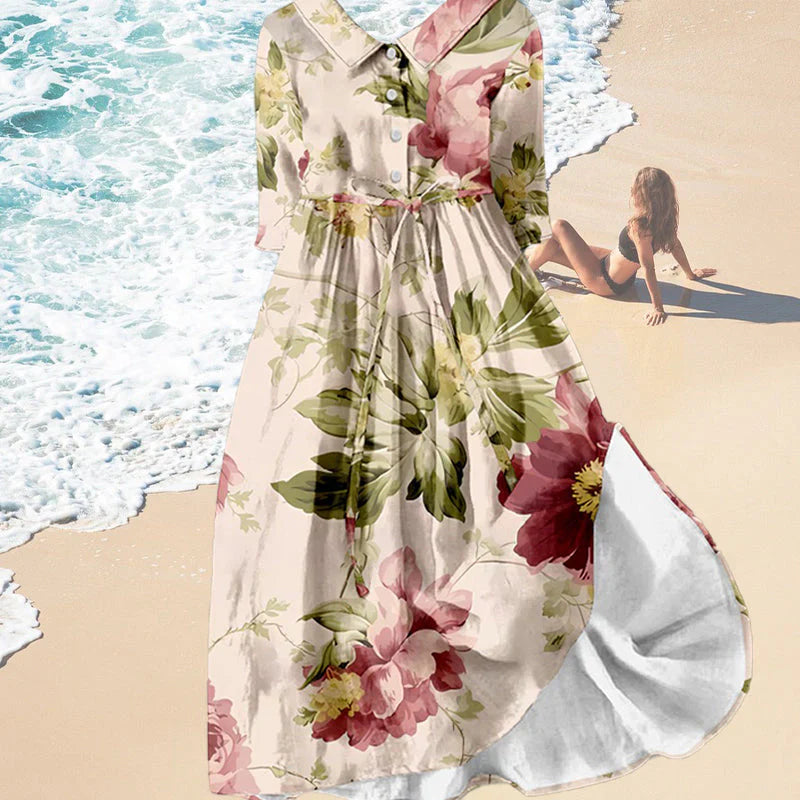 Jitske | Floral Print Short Sleeve Button Midi Dress