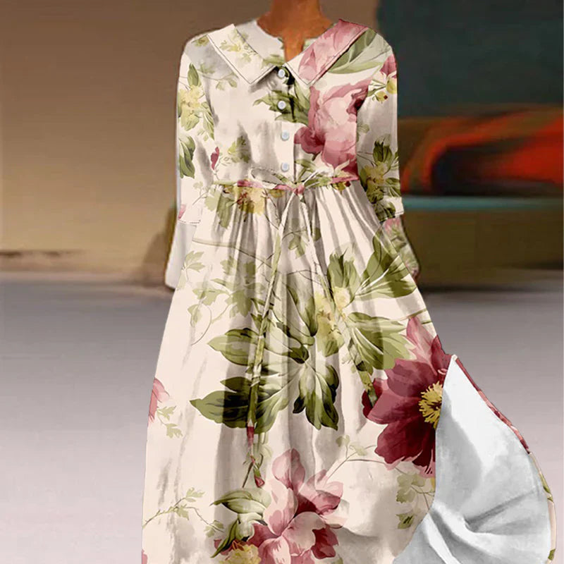 Jitske | Floral Print Short Sleeve Button Midi Dress