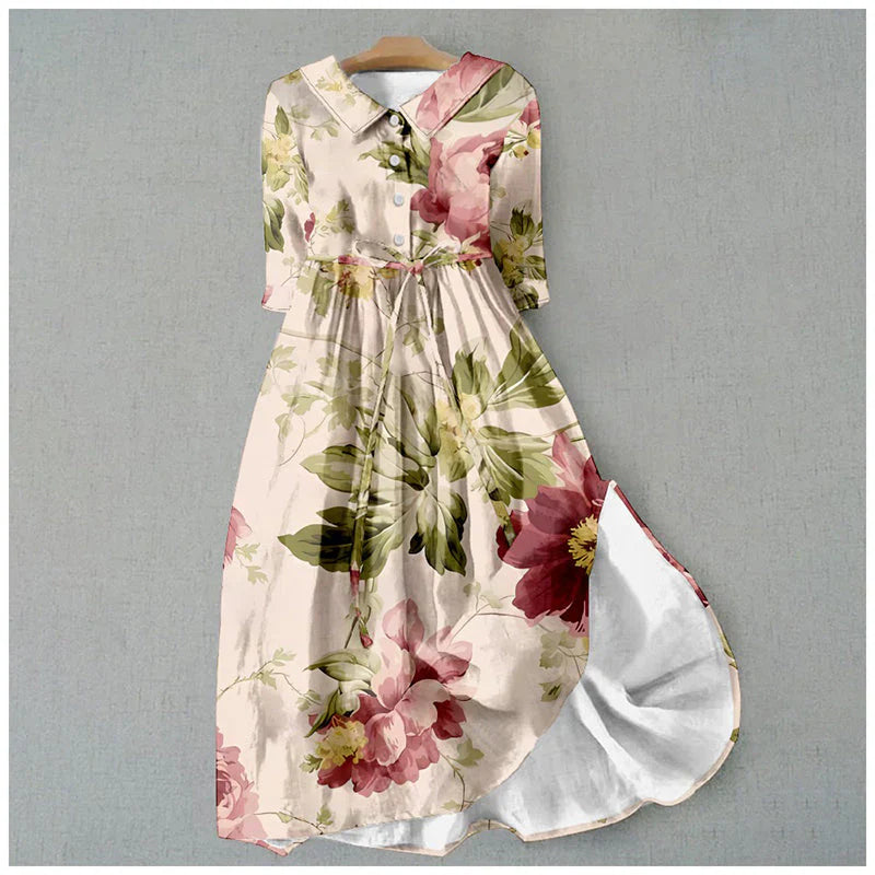 Jitske | Floral Print Short Sleeve Button Midi Dress