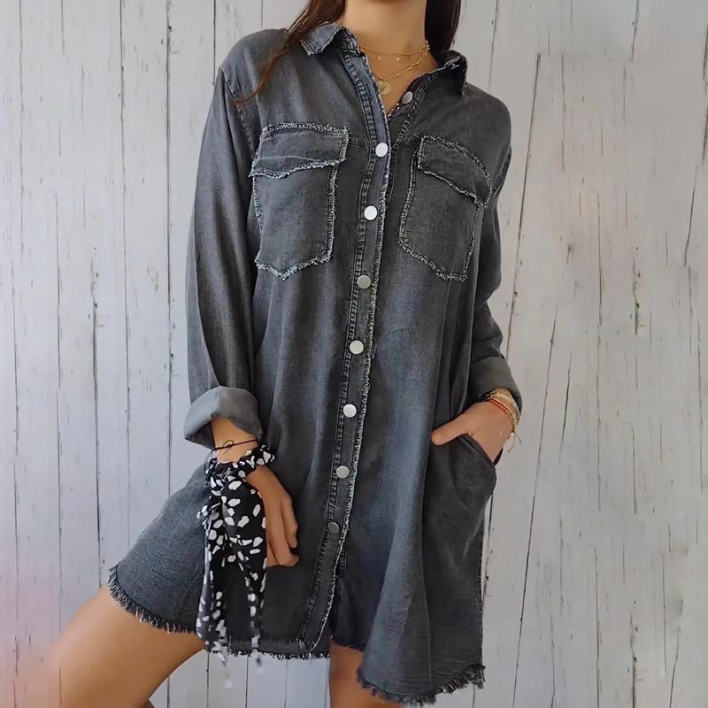 Christiane | Denim-Style Long Sleeve Button Front Shacket