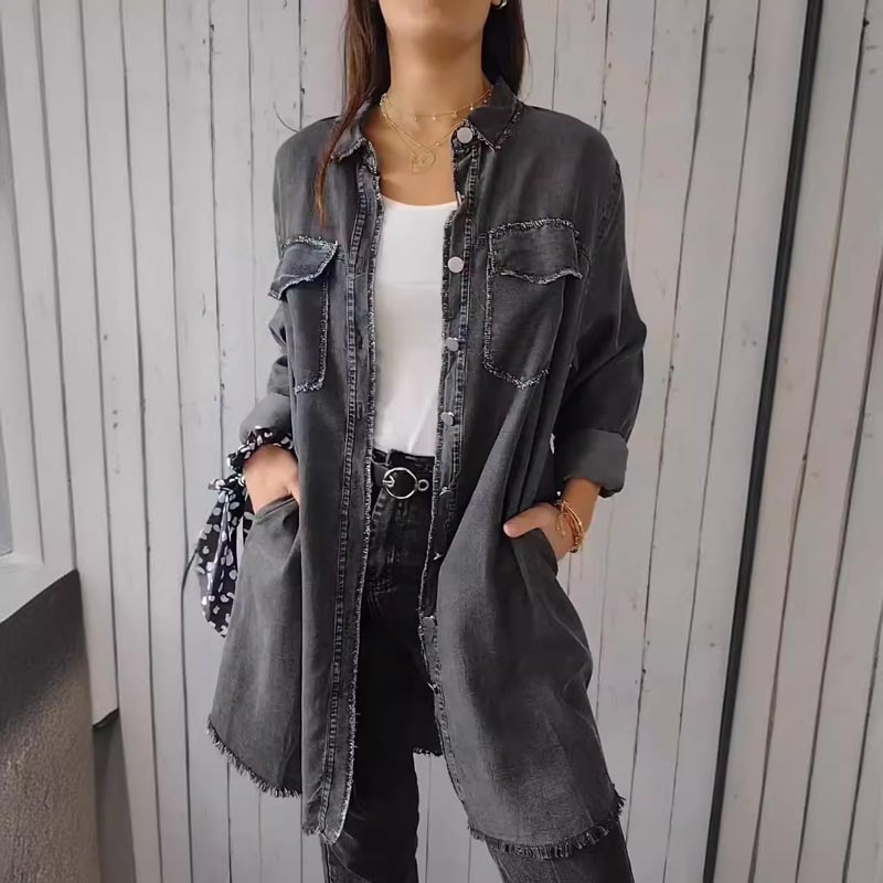 Christiane | Denim-Style Long Sleeve Button Front Shacket