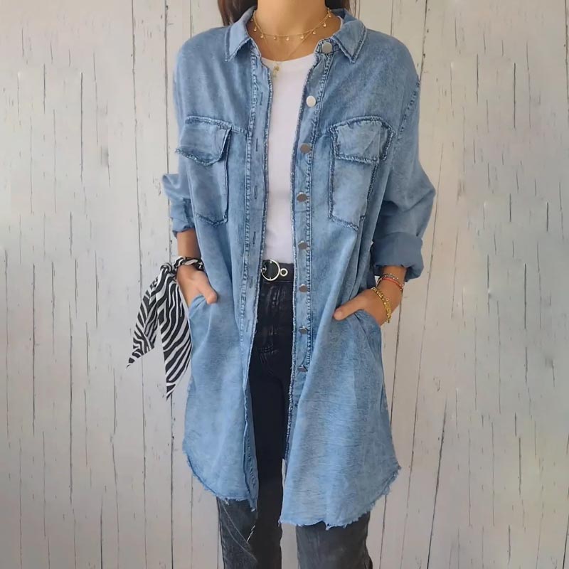 Christiane | Denim-Style Long Sleeve Button Front Shacket