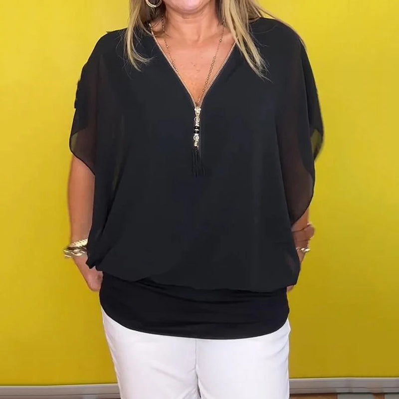 Shauna | Chiffon Look Zip Neck Blouse