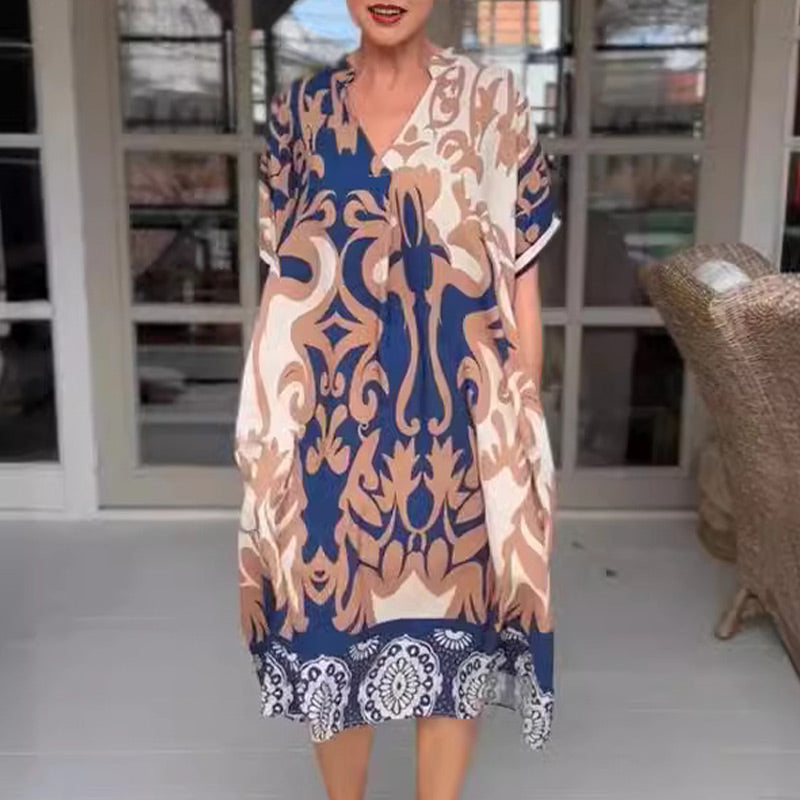 Rilana | Printed V Neck Loose Midi Dress