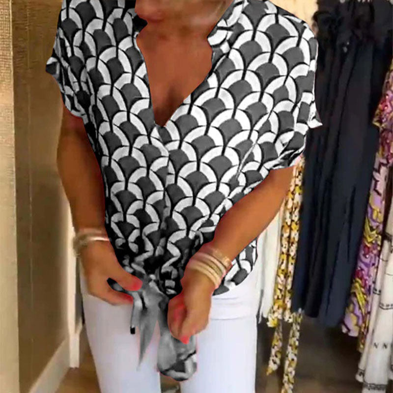 Naskia | Blouse Geometric Print Tie Front Short Sleeve
