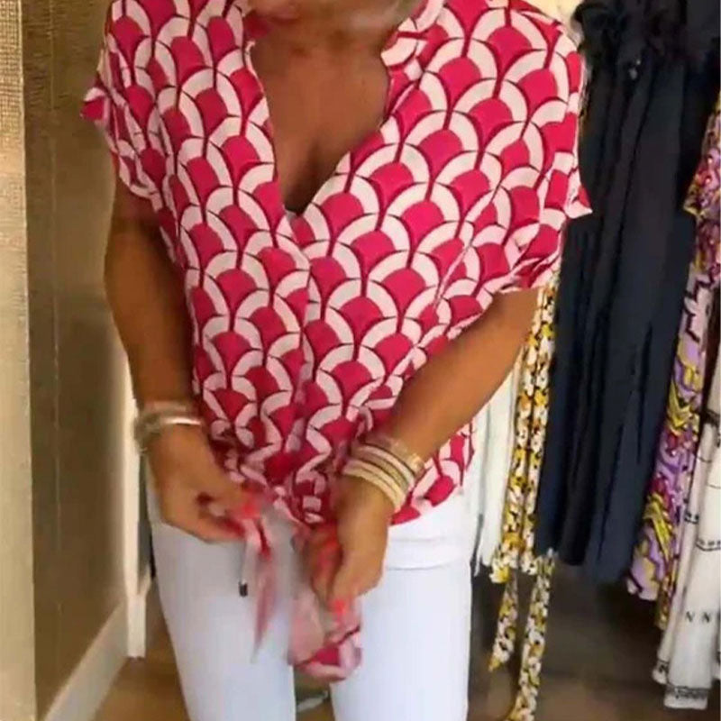 Naskia | Blouse Geometric Print Tie Front Short Sleeve