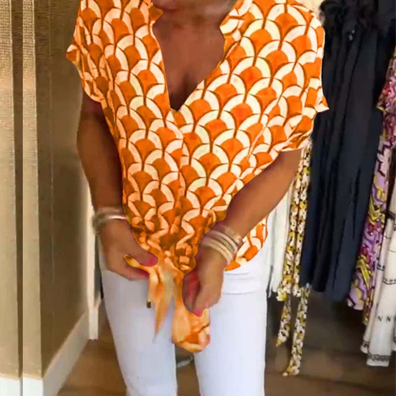 Naskia | Blouse Geometric Print Tie Front Short Sleeve