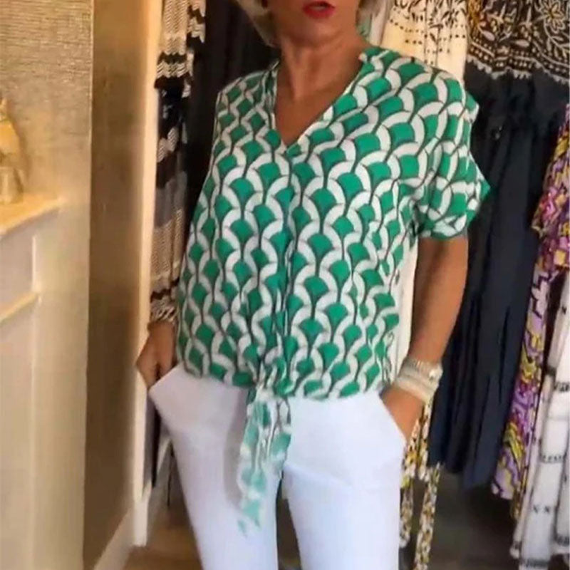 Naskia | Blouse Geometric Print Tie Front Short Sleeve