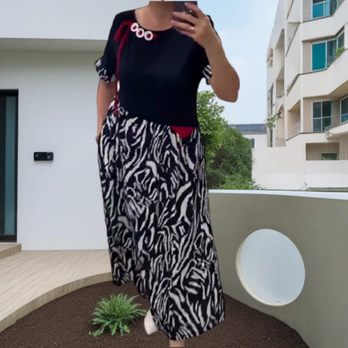 Zahara - Midi Dress Short Sleeve Zebra Print Patchwork