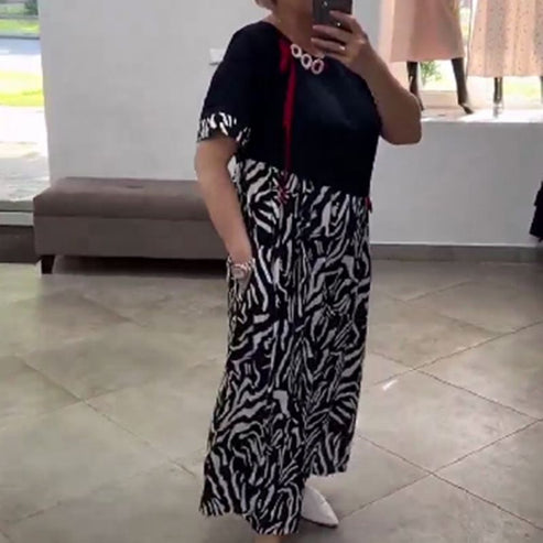 Zahara - Midi Dress Short Sleeve Zebra Print Patchwork