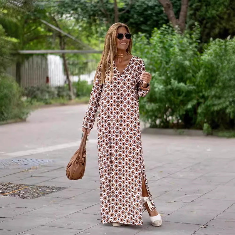 Henar | Maxi Dress Long Sleeve Geometric Print