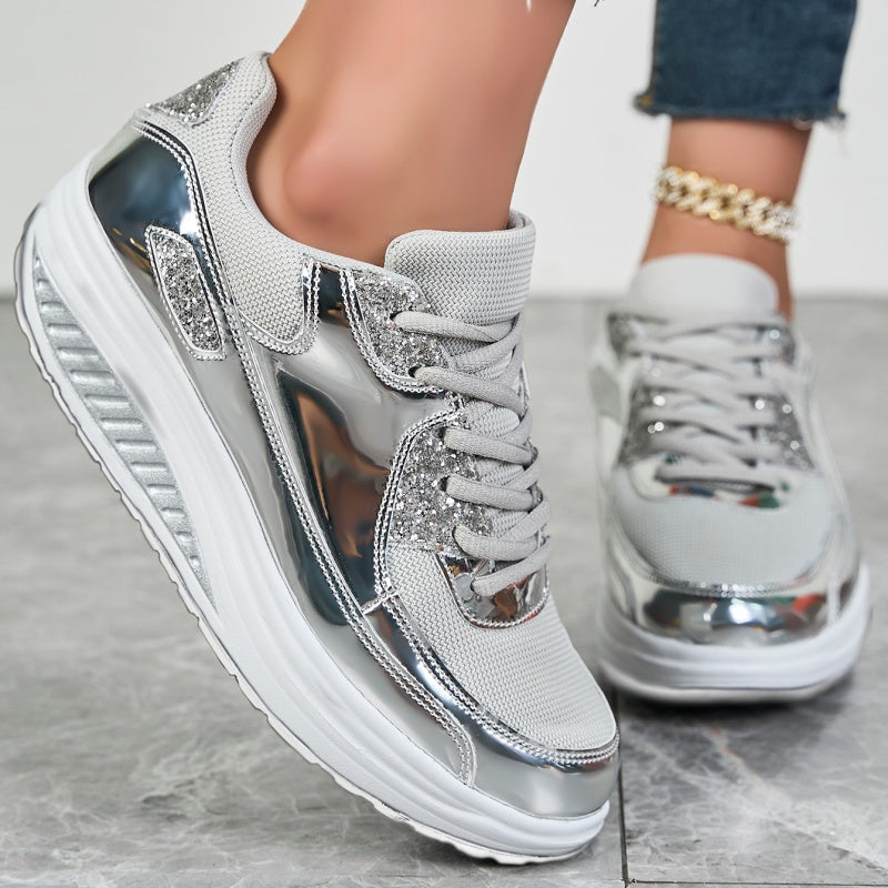 Darina | Casual Platform Sneakers Metallic Panel Lace Up