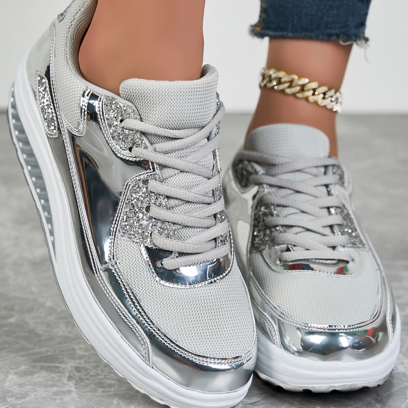 Darina | Casual Platform Sneakers Metallic Panel Lace Up