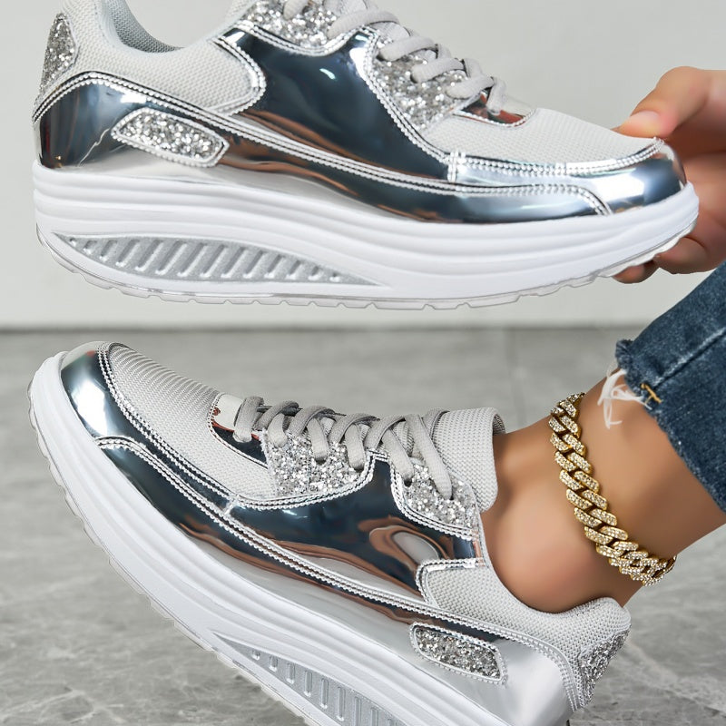 Darina | Casual Platform Sneakers Metallic Panel Lace Up