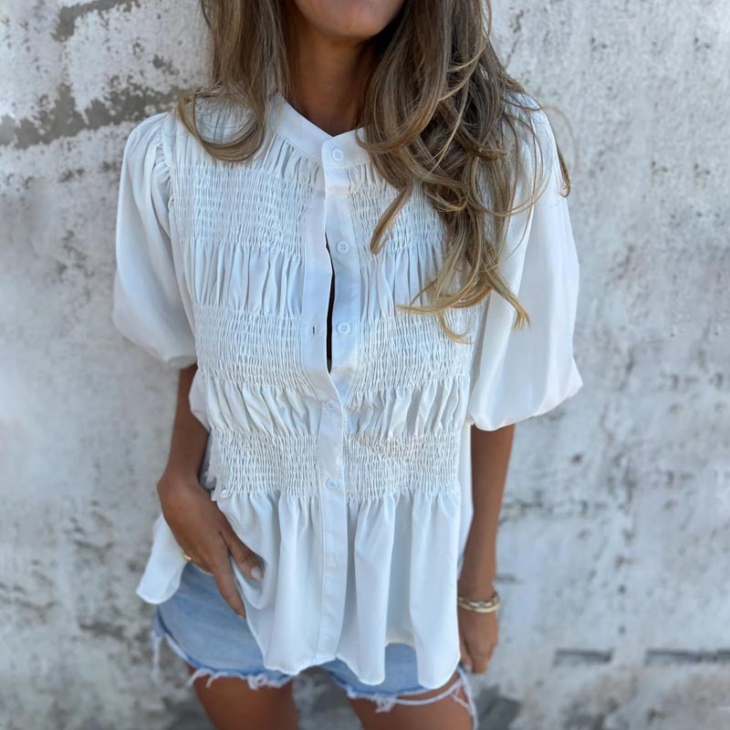 Megan | Smocked Puff Sleeve Button Down Blouse