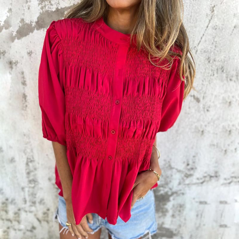Megan | Smocked Puff Sleeve Button Down Blouse