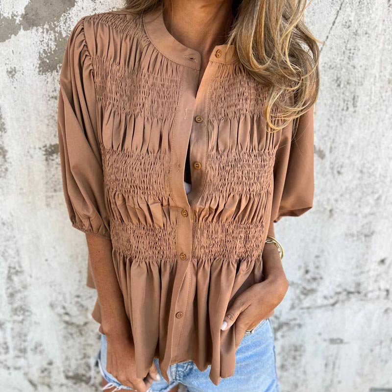 Megan | Smocked Puff Sleeve Button Down Blouse