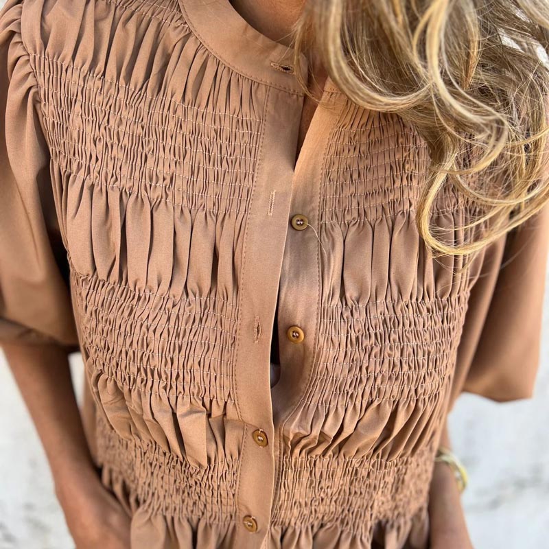Megan | Smocked Puff Sleeve Button Down Blouse