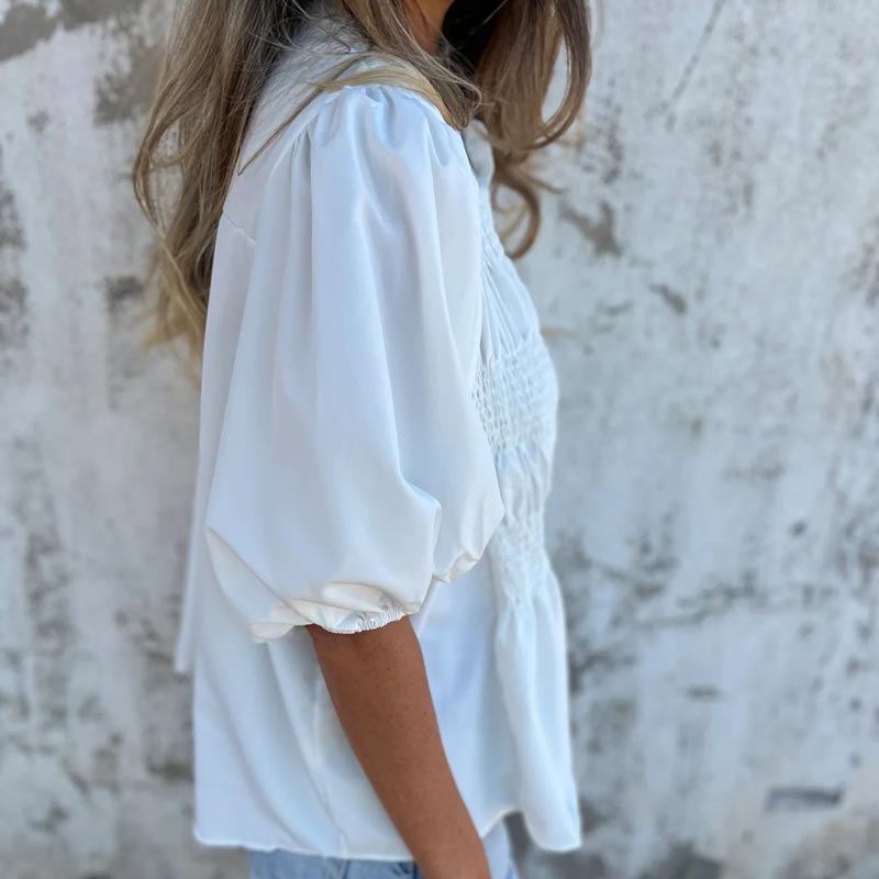 Megan | Smocked Puff Sleeve Button Down Blouse