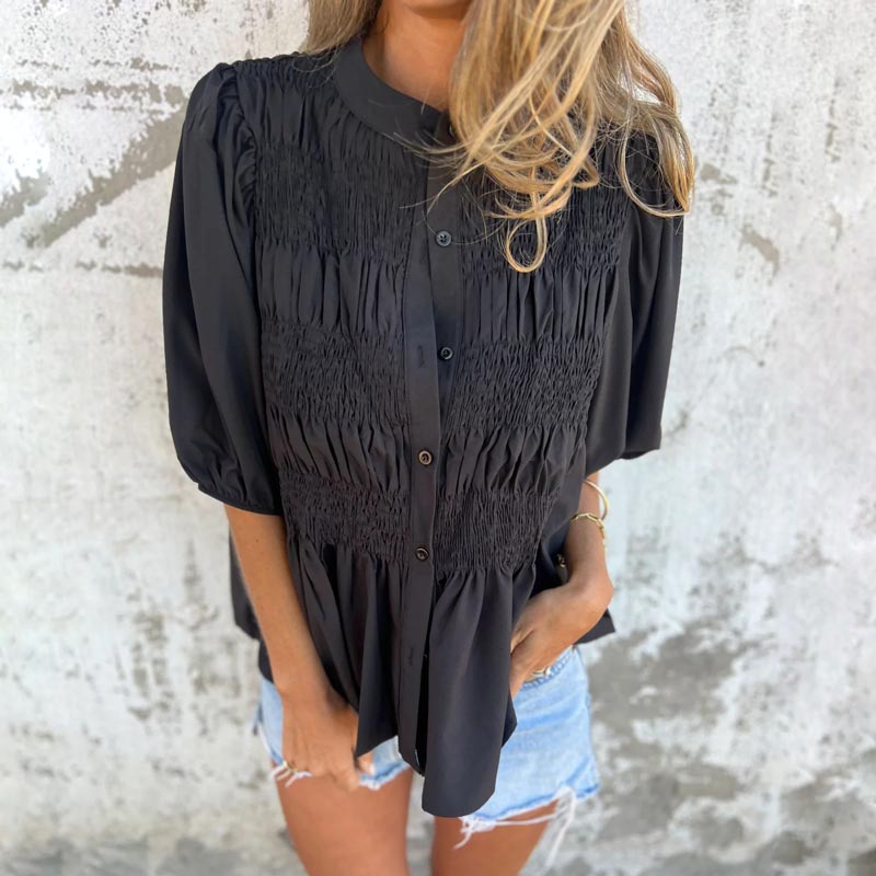 Megan | Smocked Puff Sleeve Button Down Blouse