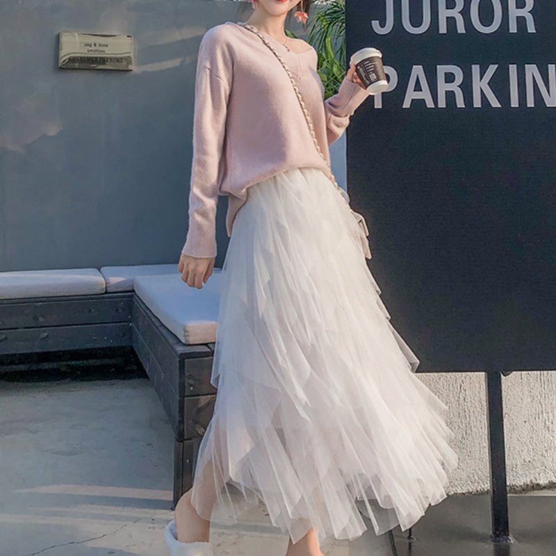 Nadeene | Layered Mesh High Waist Midi Skirt
