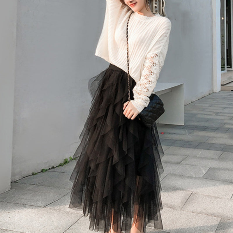 Nadeene | Layered Mesh High Waist Midi Skirt