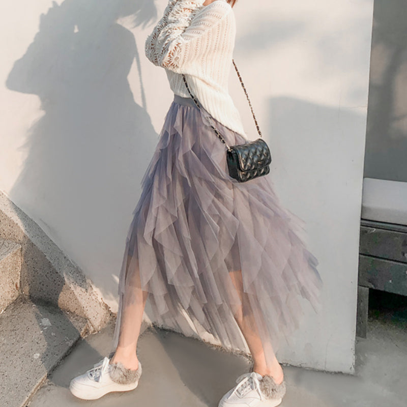 Nadeene | Layered Mesh High Waist Midi Skirt