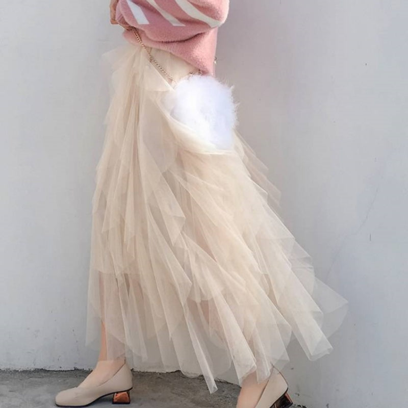 Nadeene | Layered Mesh High Waist Midi Skirt