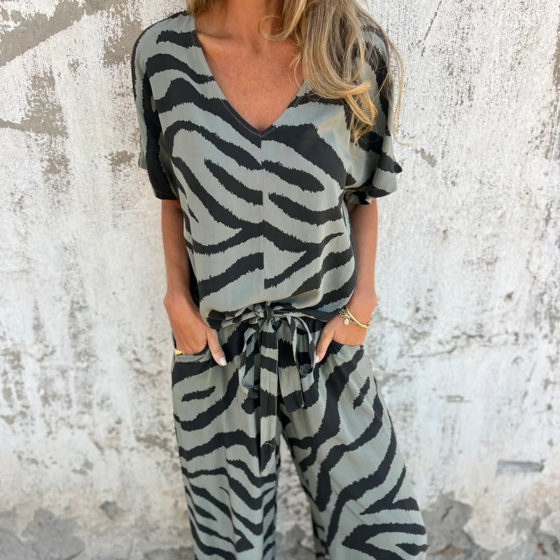 Gilberta | Zebra Print V Neck Top Wide Leg Pants Set