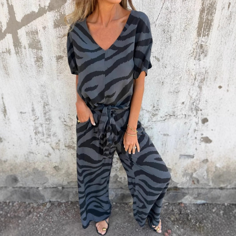 Gilberta | Zebra Print V Neck Top Wide Leg Pants Set